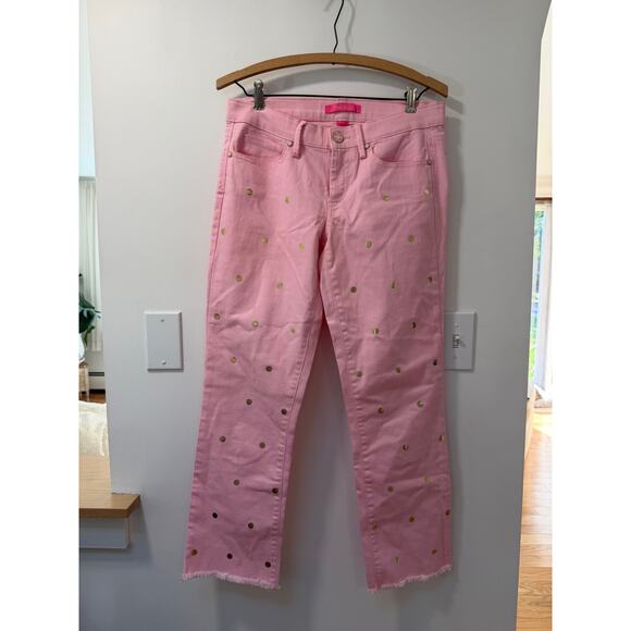 Lilly Pulitzer Pink with gold dots south ocean low rise cropped jeans sixe 6 - Picture 2 of 5